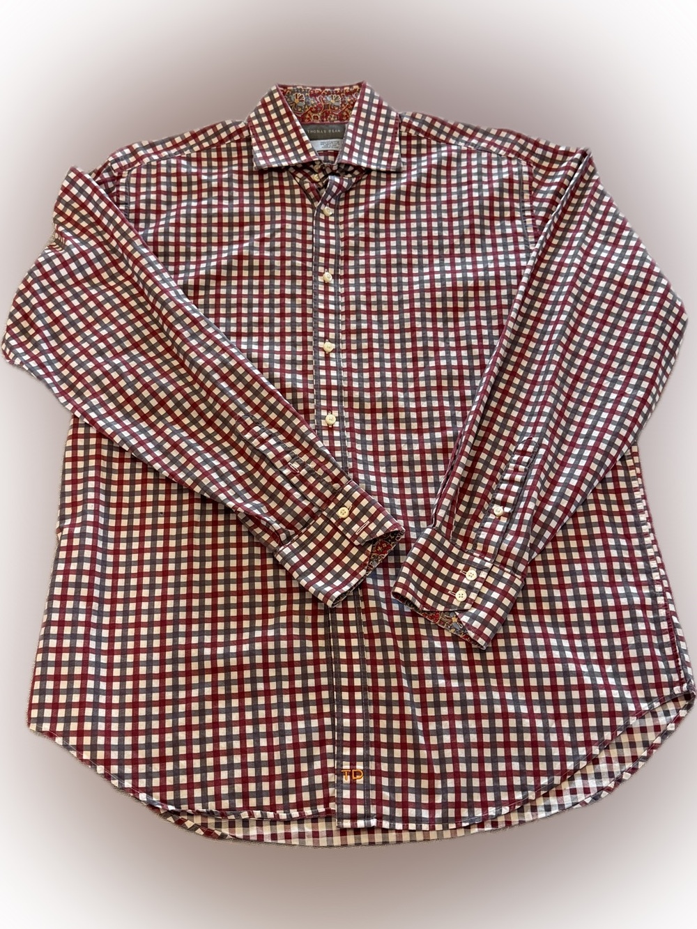 Thomas Dean Shirt Mens Large Red Gingham Check Button Front Long Sleeve